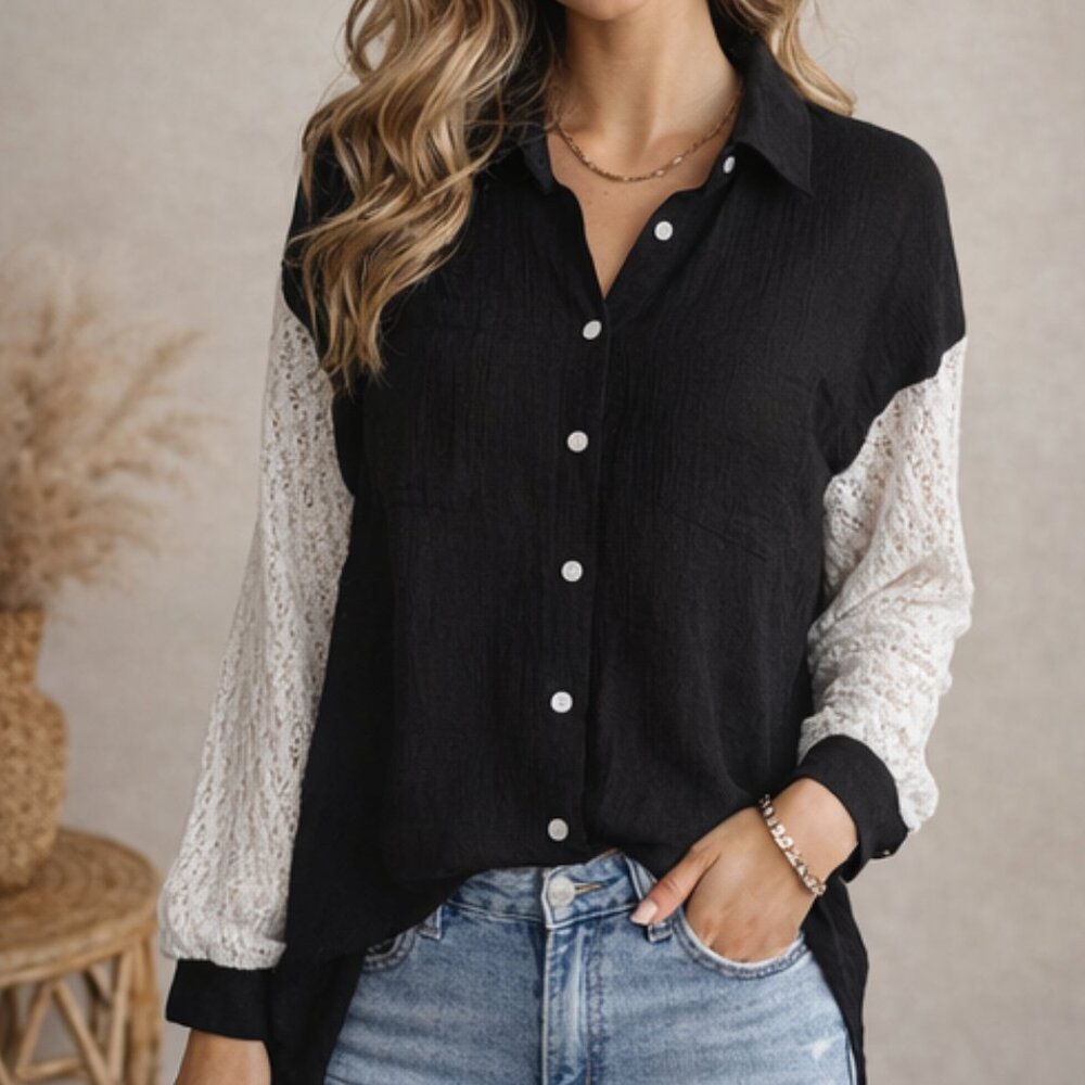 Miss Sparkling Black Gauze Button Up Shirt White Knit Sleeves L